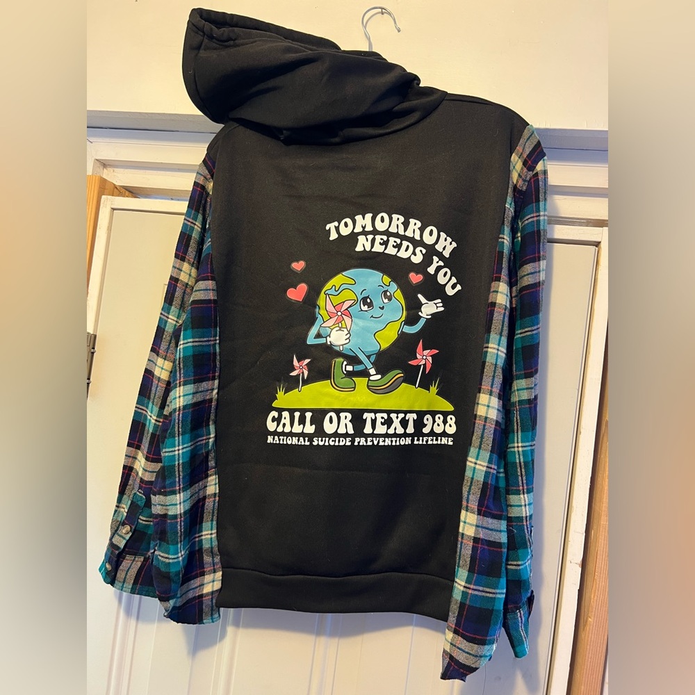 Black Hoodie with Plaid Sleeves
